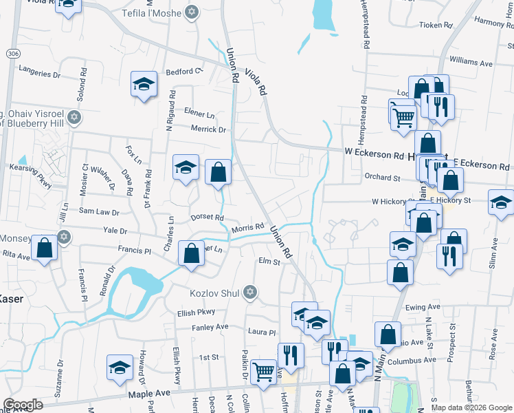 map of restaurants, bars, coffee shops, grocery stores, and more near 99 Union Road in Spring Valley