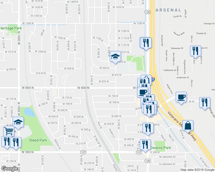 map of restaurants, bars, coffee shops, grocery stores, and more near 318 West 800 North in Sunset