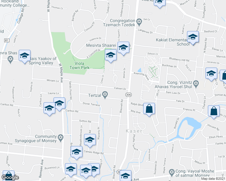 map of restaurants, bars, coffee shops, grocery stores, and more near 29 Calvert Drive in Monsey