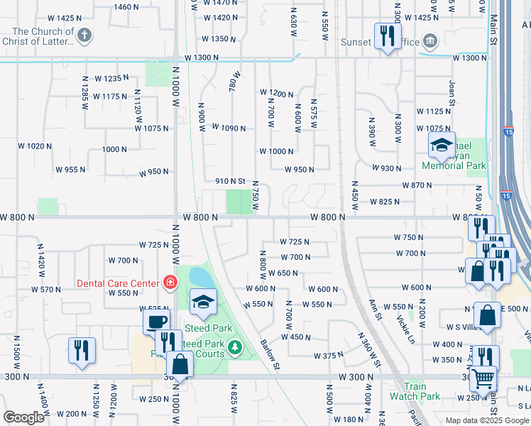 map of restaurants, bars, coffee shops, grocery stores, and more near 684 West 800 North in Clinton