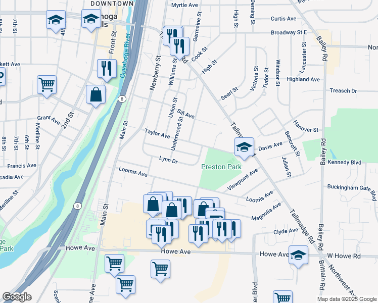 map of restaurants, bars, coffee shops, grocery stores, and more near 533 Meadow Lane in Cuyahoga Falls