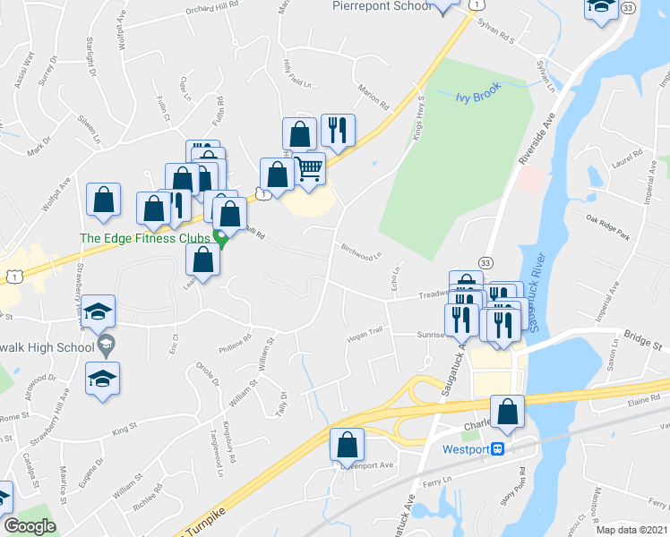 map of restaurants, bars, coffee shops, grocery stores, and more near 73 Kings Highway South in Westport