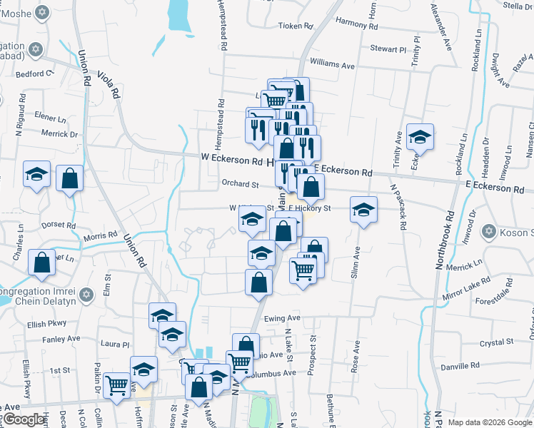map of restaurants, bars, coffee shops, grocery stores, and more near 8 West Hickory Street in Spring Valley