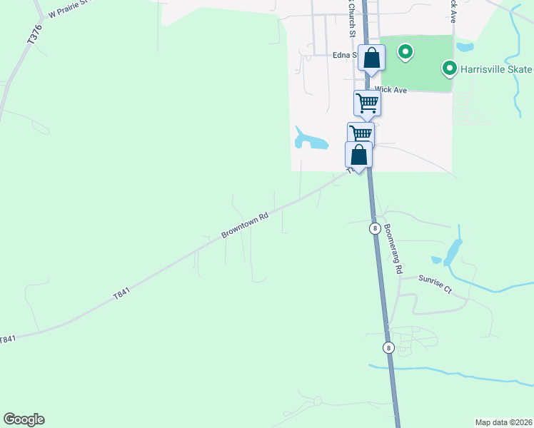 map of restaurants, bars, coffee shops, grocery stores, and more near 138 Browntown Road in Harrisville