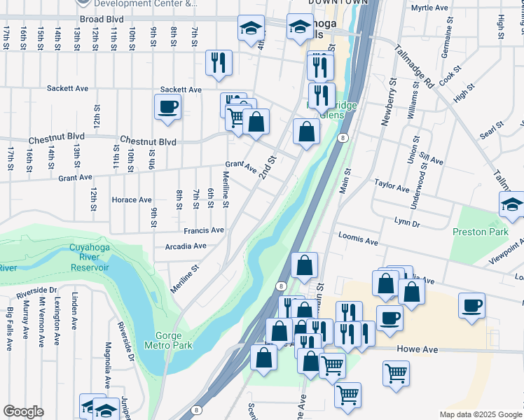 map of restaurants, bars, coffee shops, grocery stores, and more near 1542 Front Street in Cuyahoga Falls