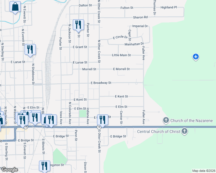 map of restaurants, bars, coffee shops, grocery stores, and more near 1411 East Broadway Street in Streator