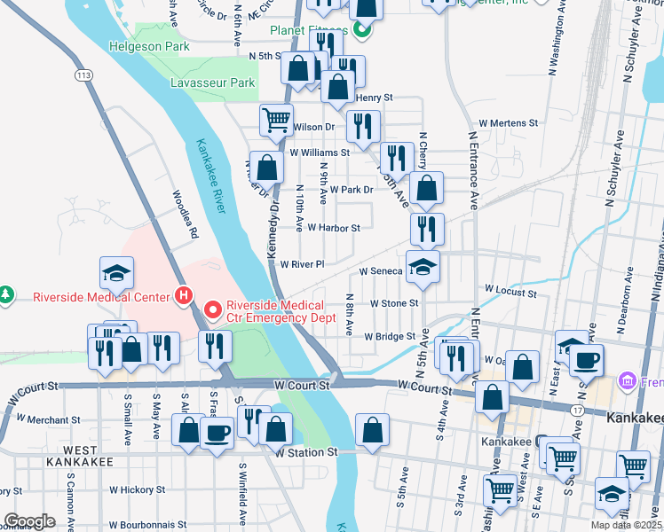 map of restaurants, bars, coffee shops, grocery stores, and more near 828 West River Place in Kankakee