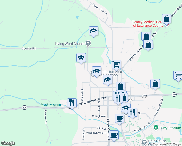 map of restaurants, bars, coffee shops, grocery stores, and more near 450 Wood Street in New Wilmington