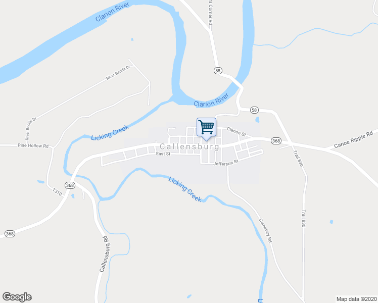 map of restaurants, bars, coffee shops, grocery stores, and more near in Callensburg