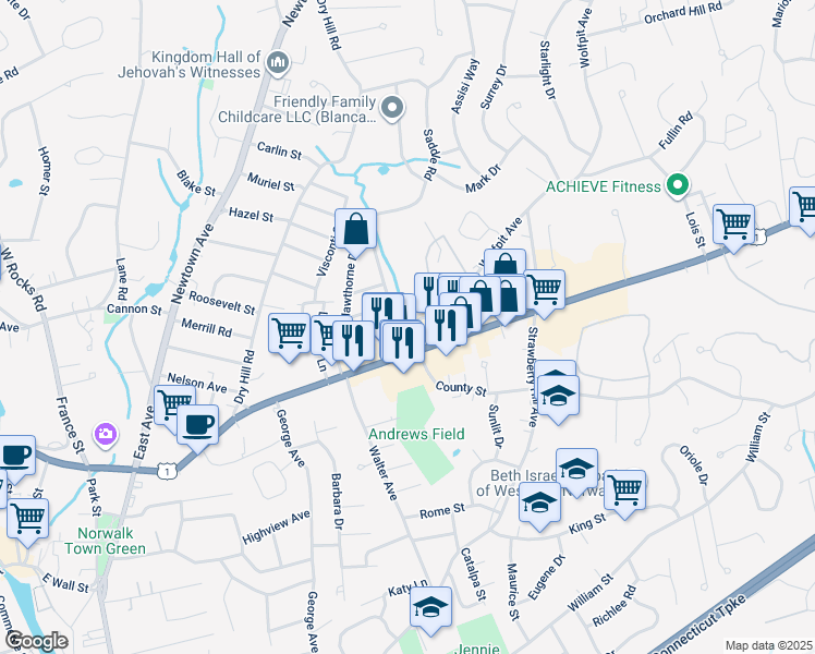 map of restaurants, bars, coffee shops, grocery stores, and more near 10 Lovatt Street in Norwalk