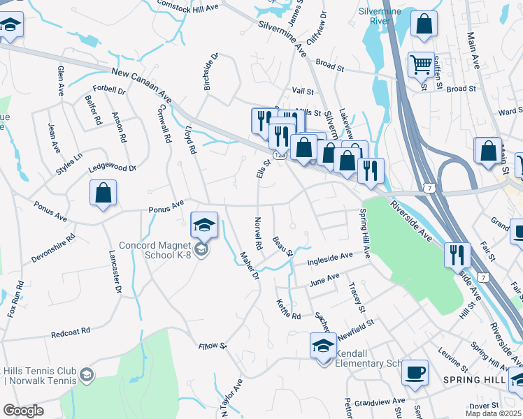 map of restaurants, bars, coffee shops, grocery stores, and more near 2 Norvel Road in Norwalk