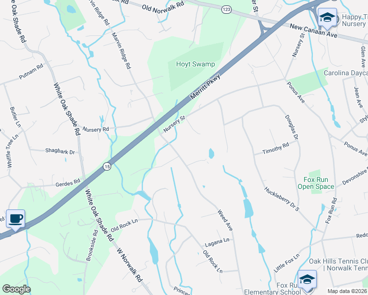 map of restaurants, bars, coffee shops, grocery stores, and more near 96 Weed Avenue in Norwalk