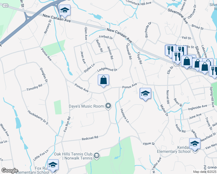 map of restaurants, bars, coffee shops, grocery stores, and more near 128 Ponus Avenue in Norwalk