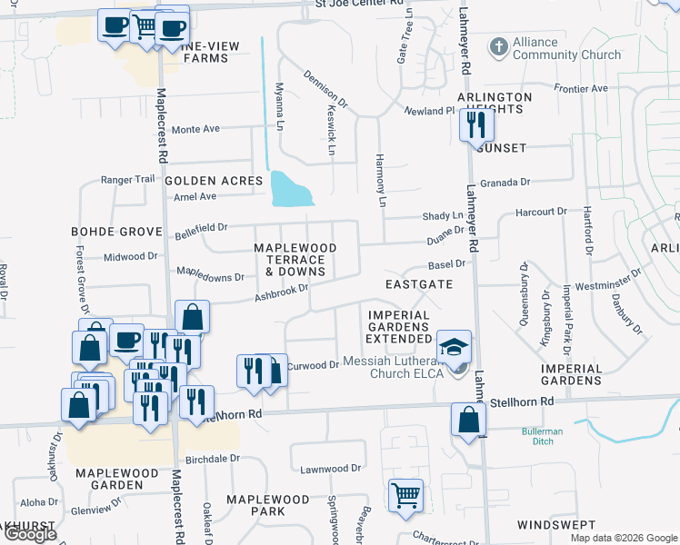 map of restaurants, bars, coffee shops, grocery stores, and more near 4908 Ridgedale Drive in Fort Wayne