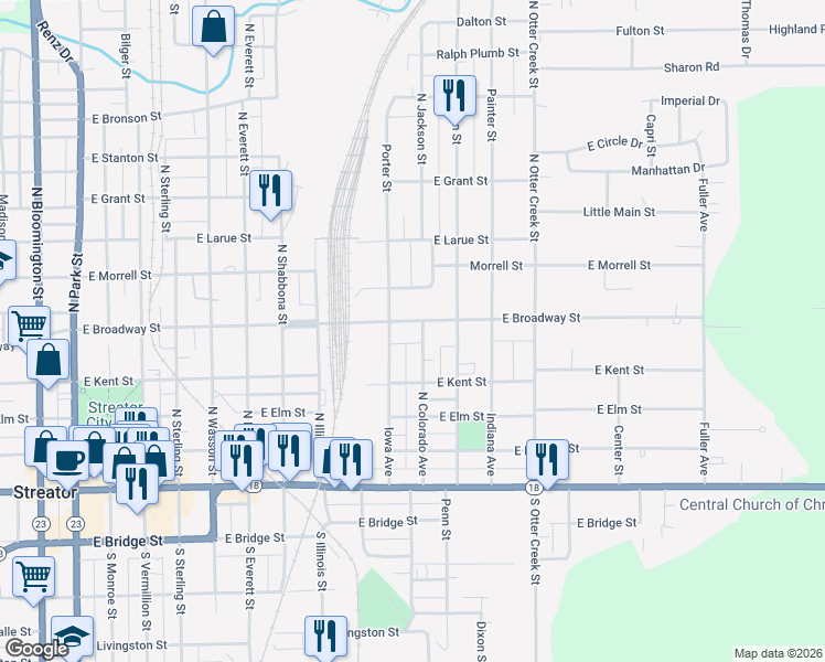 map of restaurants, bars, coffee shops, grocery stores, and more near 1009 East Broadway Street in Streator