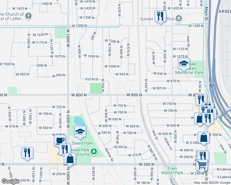 map of restaurants, bars, coffee shops, grocery stores, and more near 626 West 800 North in Clinton