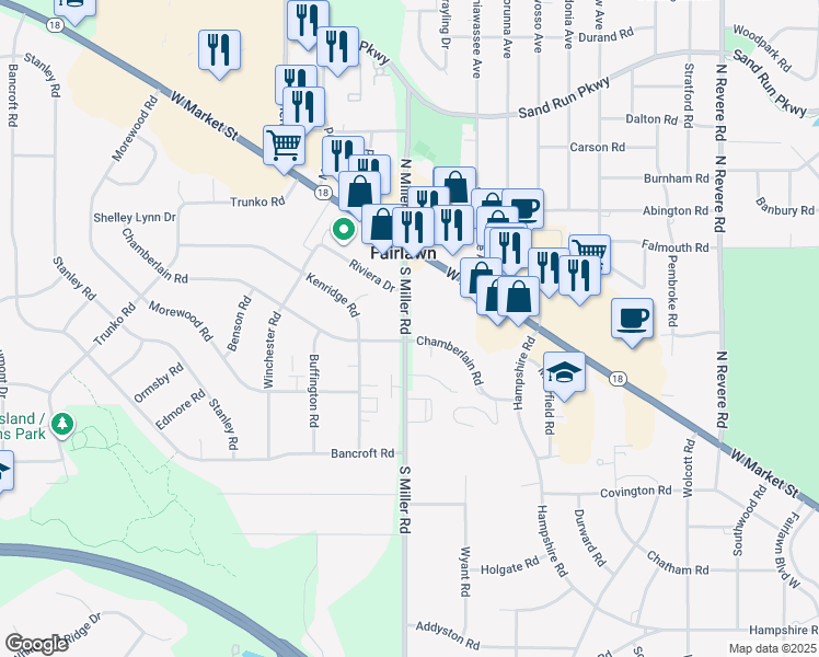map of restaurants, bars, coffee shops, grocery stores, and more near 99 South Miller Road in Fairlawn