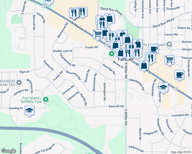 map of restaurants, bars, coffee shops, grocery stores, and more near 175 Winchester Road in Fairlawn