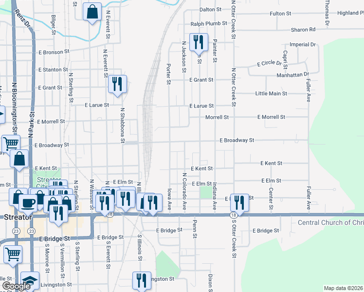 map of restaurants, bars, coffee shops, grocery stores, and more near 1009 East Broadway Street in Streator