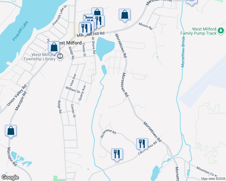 map of restaurants, bars, coffee shops, grocery stores, and more near 615 Morsetown Road in West Milford