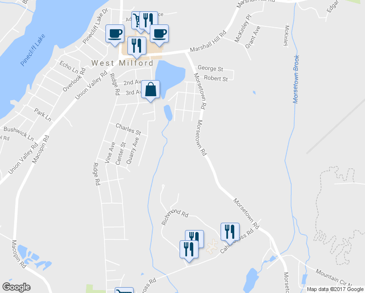 map of restaurants, bars, coffee shops, grocery stores, and more near 615 Morsetown Rd in West Milford