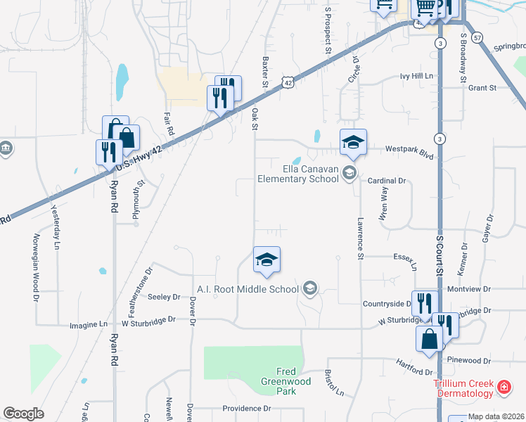 map of restaurants, bars, coffee shops, grocery stores, and more near 637 Cedar Street in Medina