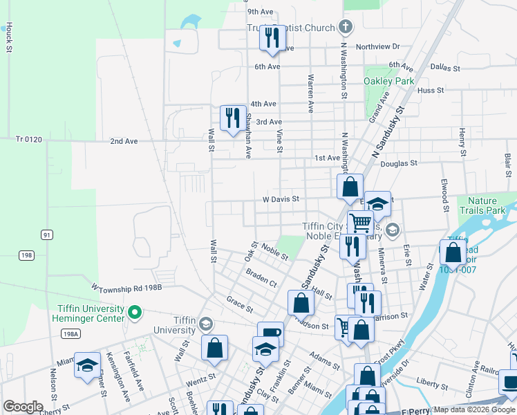 map of restaurants, bars, coffee shops, grocery stores, and more near 180-198 Oak St in Tiffin