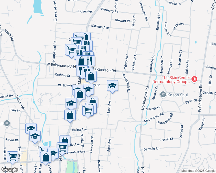 map of restaurants, bars, coffee shops, grocery stores, and more near 26 East Hickory Street in Spring Valley