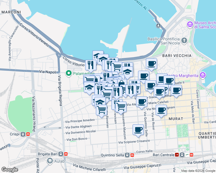 map of restaurants, bars, coffee shops, grocery stores, and more near 35 Corso Giuseppe Mazzini in Bari
