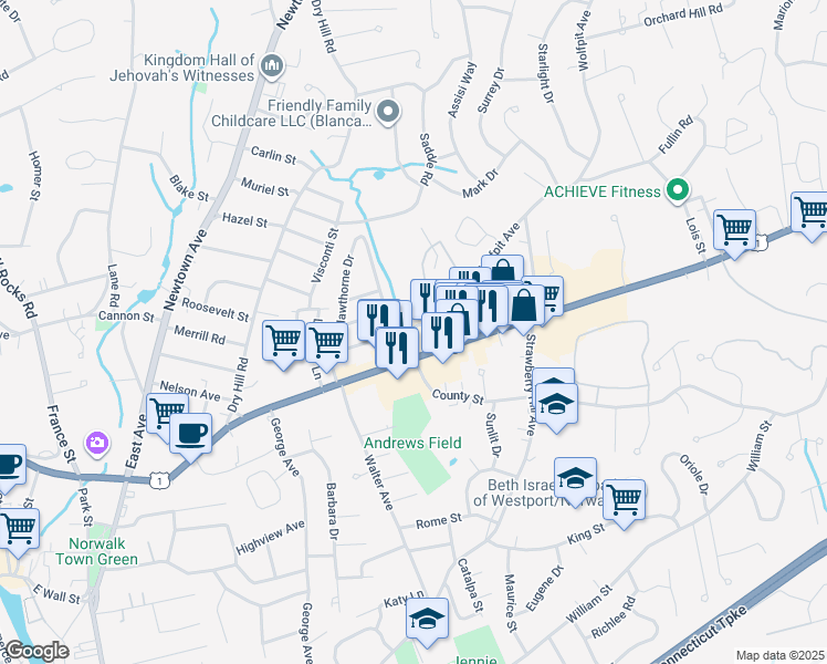 map of restaurants, bars, coffee shops, grocery stores, and more near 24 Wolfpit Avenue in Norwalk