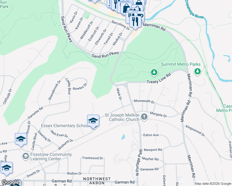 map of restaurants, bars, coffee shops, grocery stores, and more near 892 Mark Drive in Akron