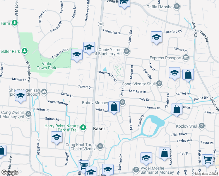 map of restaurants, bars, coffee shops, grocery stores, and more near 216B Kearsing Parkway in Monsey