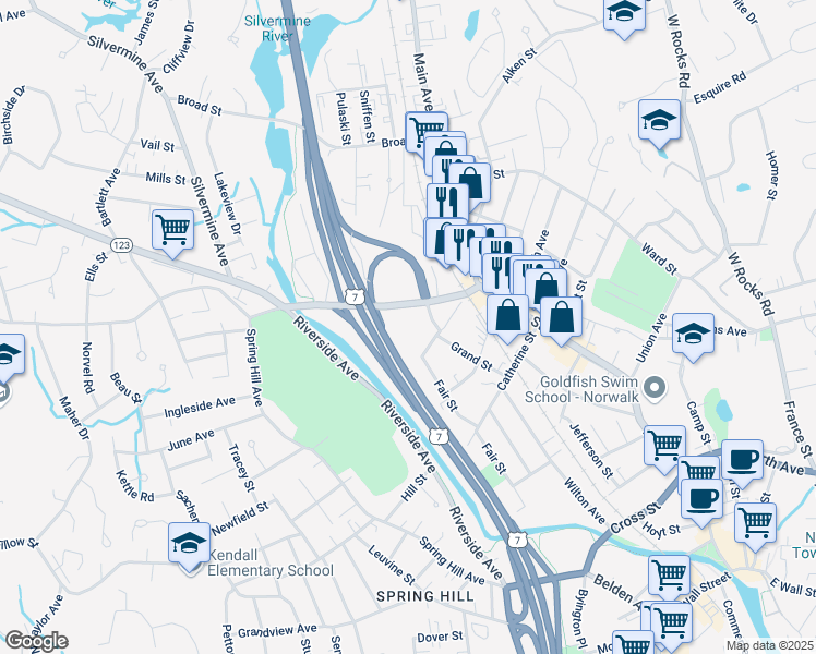 map of restaurants, bars, coffee shops, grocery stores, and more near 80 Fair Street in Norwalk