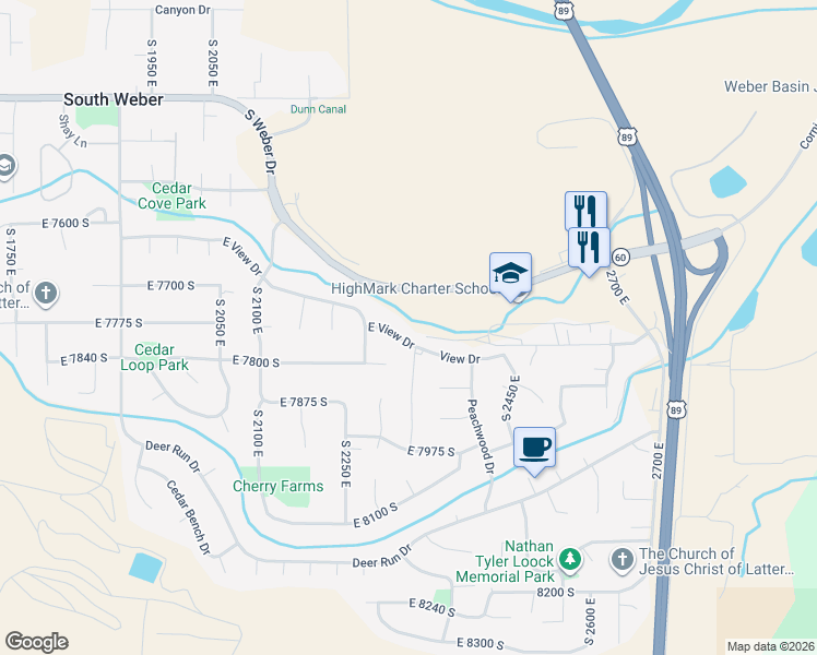 map of restaurants, bars, coffee shops, grocery stores, and more near 2320 East View Drive in South Weber