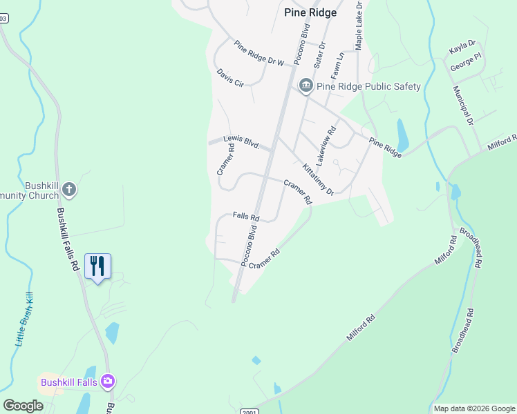 map of restaurants, bars, coffee shops, grocery stores, and more near 1702 Pine Ridge in Bushkill