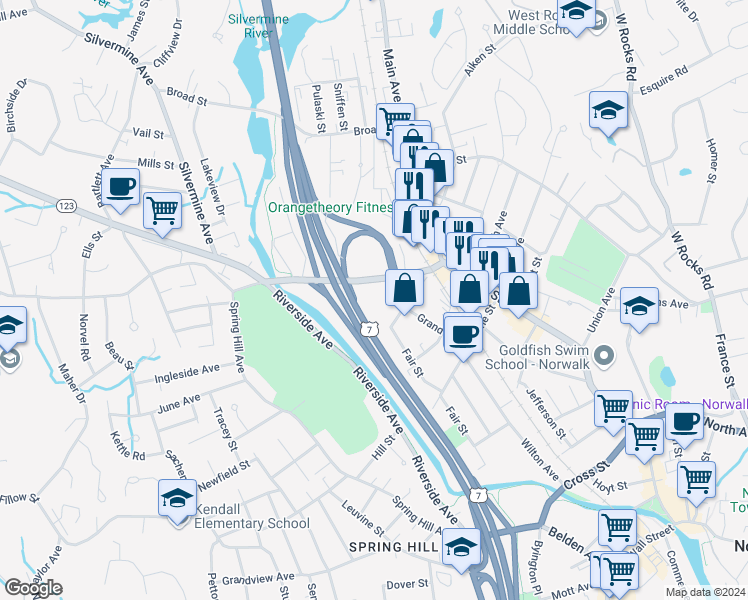 map of restaurants, bars, coffee shops, grocery stores, and more near 80 Fair Street in Norwalk