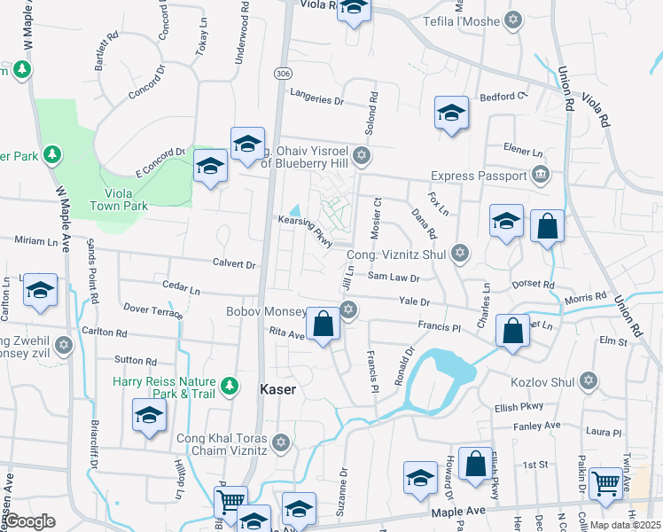 map of restaurants, bars, coffee shops, grocery stores, and more near 191 Kearsing Parkway in Monsey