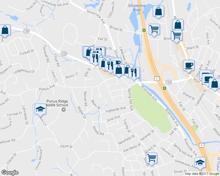 map of restaurants, bars, coffee shops, grocery stores, and more near 10 Bartlett Manor in Norwalk