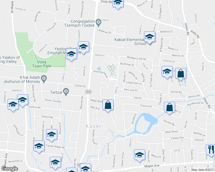 map of restaurants, bars, coffee shops, grocery stores, and more near 201 Kearsing Parkway in Monsey