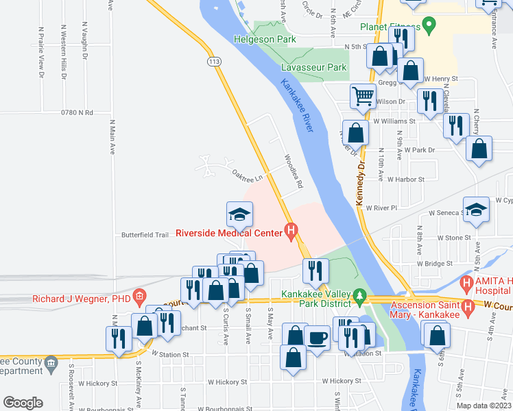 map of restaurants, bars, coffee shops, grocery stores, and more near 100 Westwood Oaks Court in Kankakee