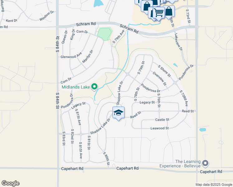 map of restaurants, bars, coffee shops, grocery stores, and more near 7986 Shadow Lake Drive in Papillion