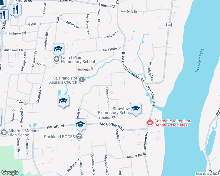 map of restaurants, bars, coffee shops, grocery stores, and more near 163 Parrott Road in West Nyack