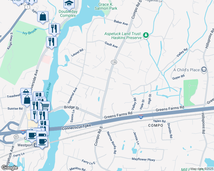 map of restaurants, bars, coffee shops, grocery stores, and more near 166 Compo Road South in Westport