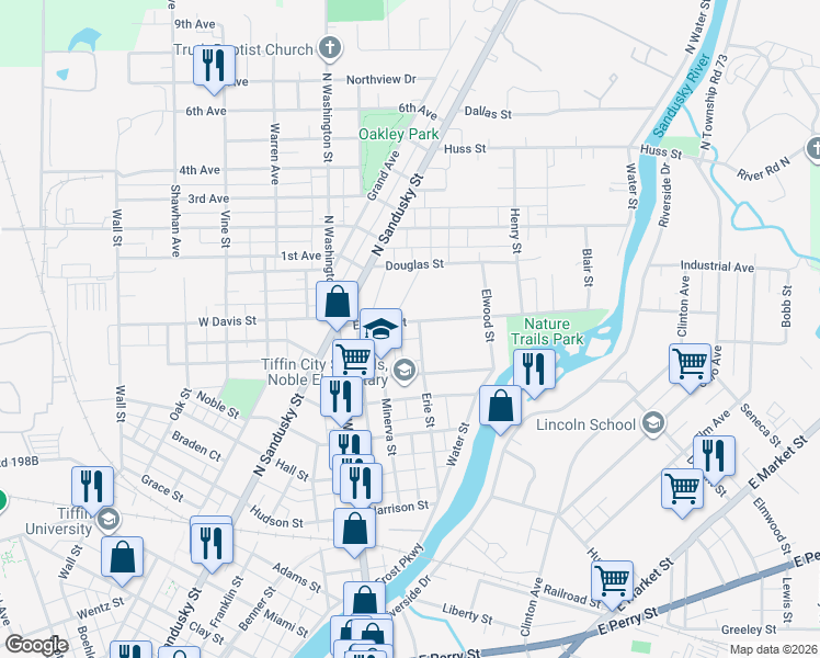 map of restaurants, bars, coffee shops, grocery stores, and more near 172 Erie Street in Tiffin