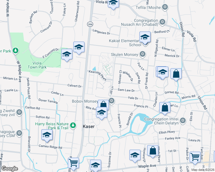 map of restaurants, bars, coffee shops, grocery stores, and more near 182 Kearsing Parkway in Monsey