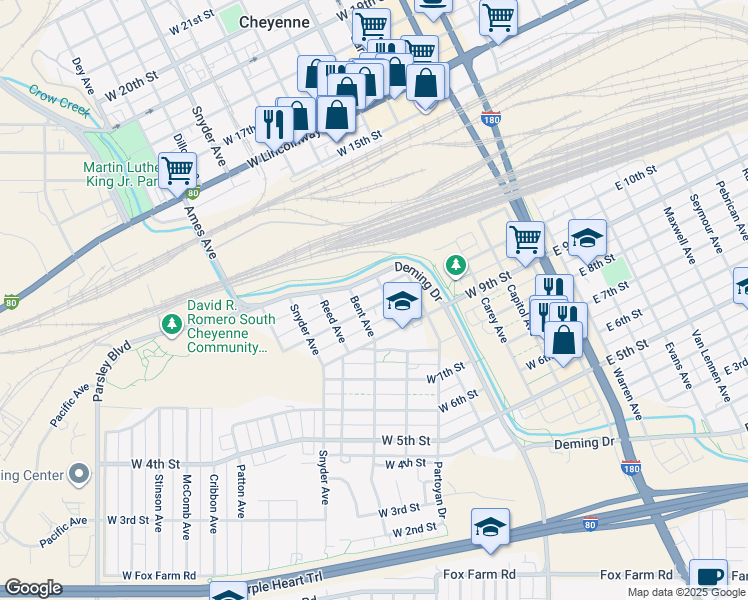map of restaurants, bars, coffee shops, grocery stores, and more near 610 West 10th Street in Cheyenne
