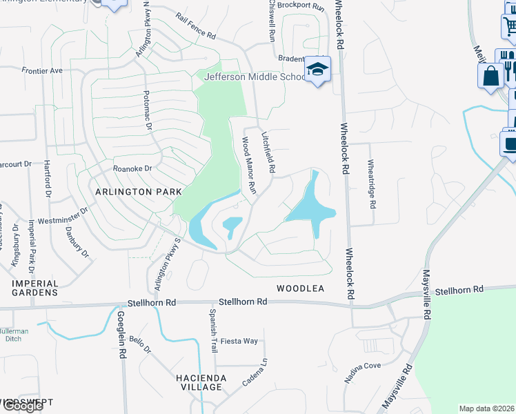 map of restaurants, bars, coffee shops, grocery stores, and more near 4912 Litchfield Road in Fort Wayne