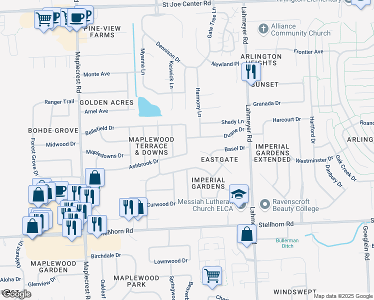 map of restaurants, bars, coffee shops, grocery stores, and more near 3008 Firwood Drive in Fort Wayne