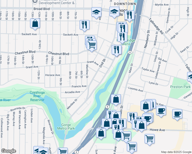 map of restaurants, bars, coffee shops, grocery stores, and more near 1543 2nd Street in Cuyahoga Falls