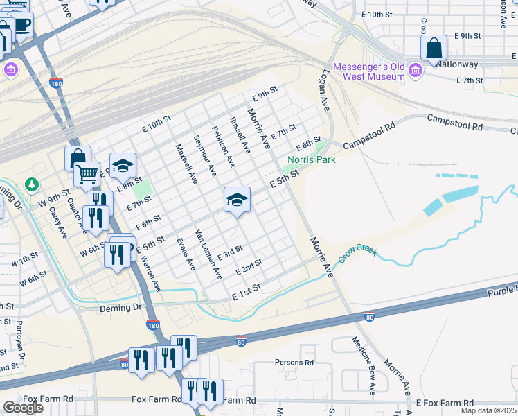 map of restaurants, bars, coffee shops, grocery stores, and more near 807 East 4th Street in Cheyenne